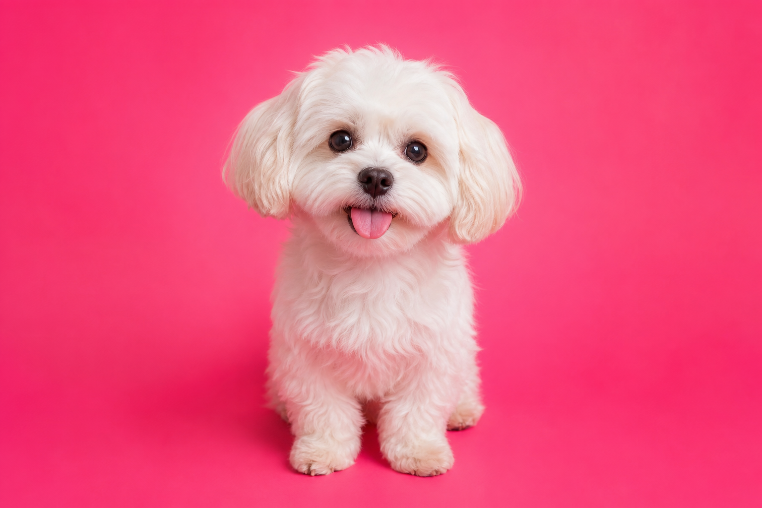 Small white maltipoo dog looking at the camera on a hot pink background